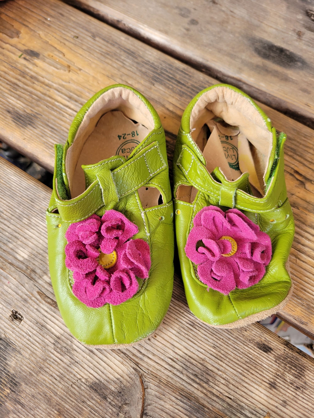LIVIE & LUCA SZ 18-24M VGUC LIME GREEN  PINK FLOWER Velcro Leather Crib Shoes